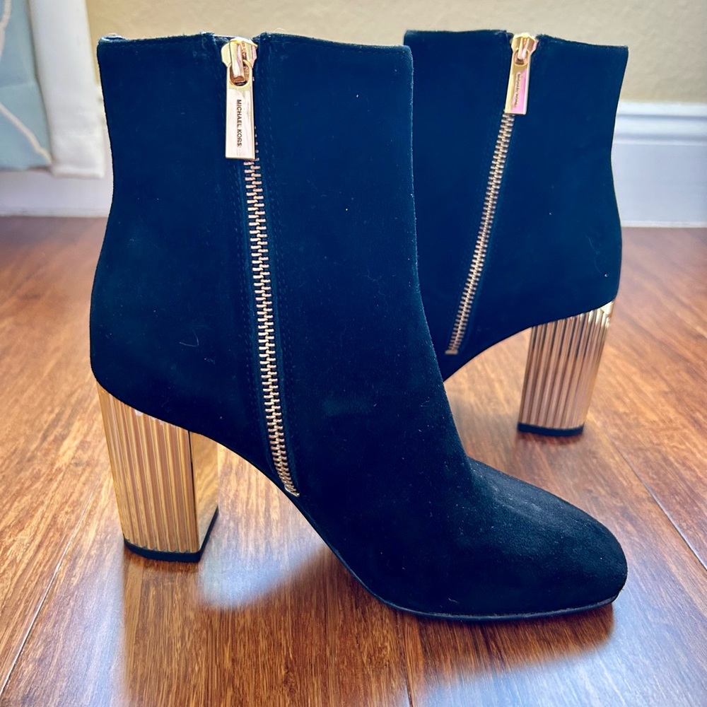 Michael Kors Black Suede Ankle Boots with Gold Heel